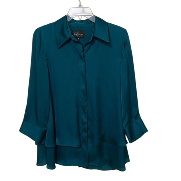 Blair Stanley Green Button Up Double Tier Blouse Womens Size 4 Relaxe Fit - Picture 1 of 8